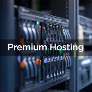 Premium hosting text overlaying an image of computer servers