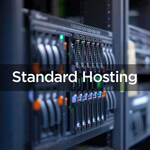 Standard hosting text overlaying an image of computer servers