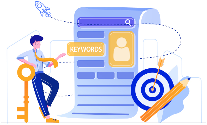 A graphic illustration of a man plotting keywords while blogging for SEO.