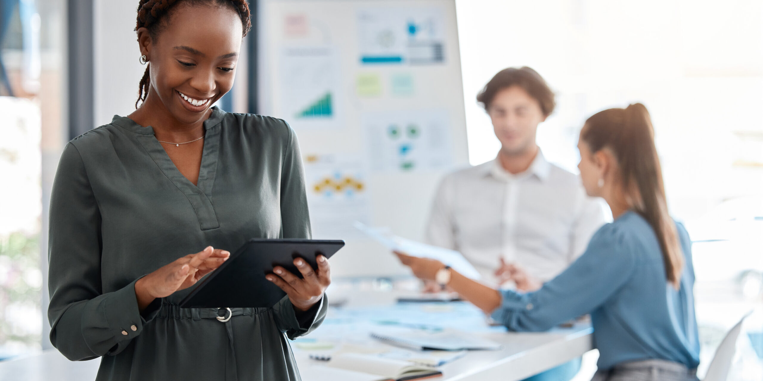 Black woman, business and tablet for new employee in digital marketing startup, advertising company.