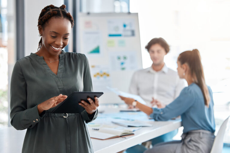 Black woman, business and tablet for new employee in digital marketing startup, advertising company.