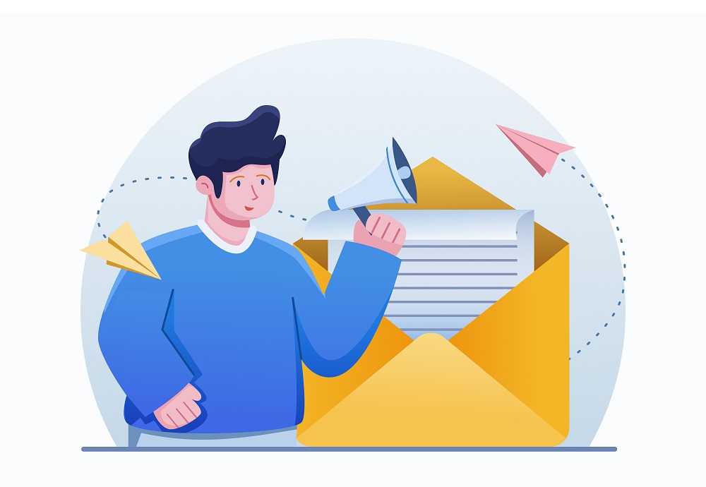 Email marketing graphic of a business owner with a megaphone who has paper airplane messages flying around them