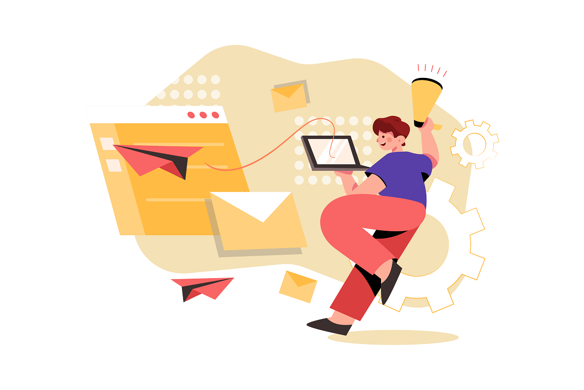 Email marketing graphic of a person holding a laptop and megaphone while sending an email.