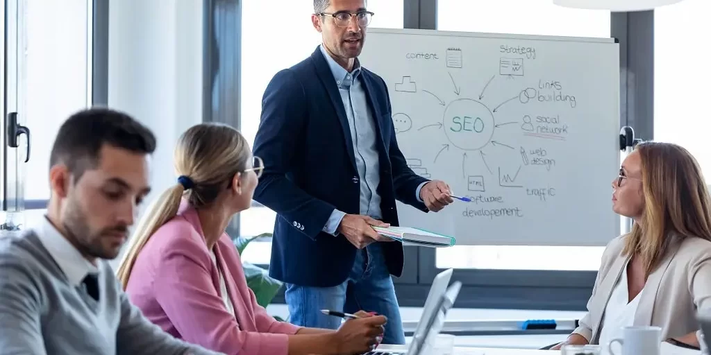 handsome-businessman-explaining-a-project-to-his-c-2024-09-12-17-41-19-utc-min A businessman explains an SEO project to his team on a white board in a meeting space.