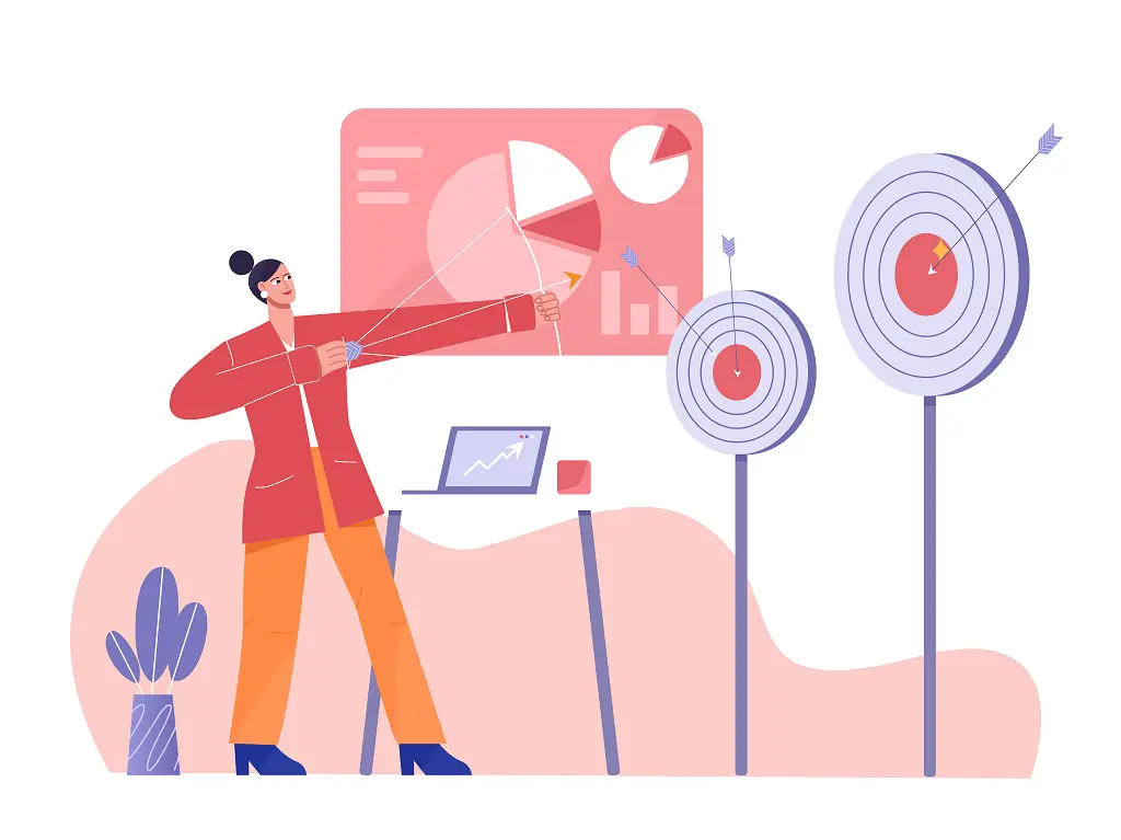 A graphic of a woman aiming and bow at targets. Pie charts float in the background.