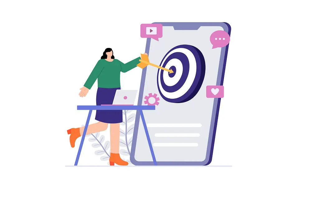 A graphic of a woman standing in front of a large cellular phone with a bullseye target on it.